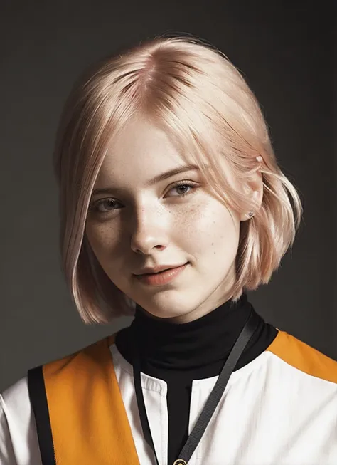 blond woman with a black collared shirt and a yellow vest