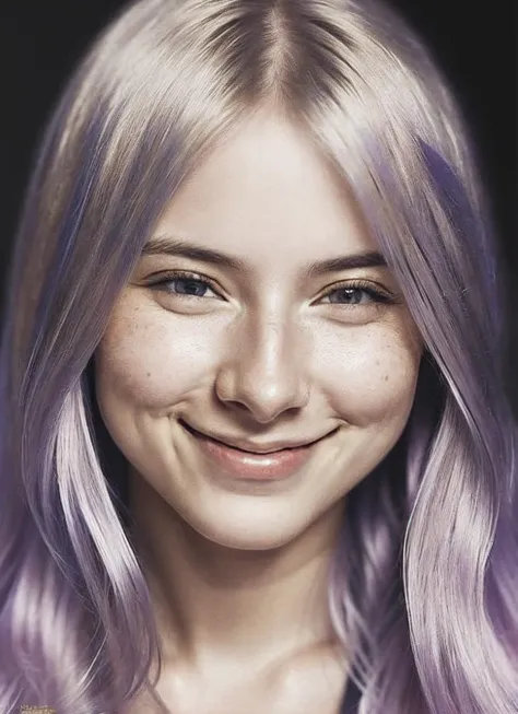 a close up of a woman with purple hair smiling at the camera