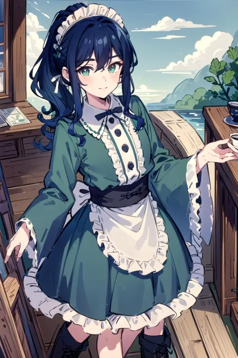 anime girl in a green dress and black boots standing on a wooden deck