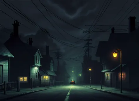 a dark street with a car driving down it at night