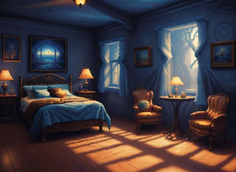 painting of a bedroom with a bed