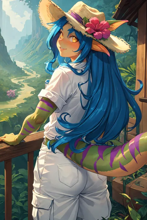 (masterpiece, best quality), outdoors, jungle, cowboy shot, detailed face, 1girl, solo, Geecku, colored skin, monster girl, tail, <lora:Geecku_V1-Manityro-Dadapt:1.0>, looking at viewer, seductive smile, blush, flower hair ornament, from behind, cowboy hat, white shirt, cargo shorts