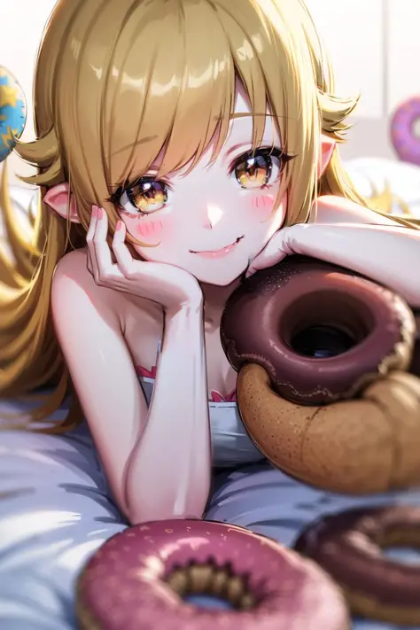 <lora:oshinoShinobu:1>, shinobuYoung, masterpiece, best quality, absurdres, 1girl, blonde hair, solo, close-up, smile, blush stickers, clavicle, pillow, (doughnut:1.2), stuffed toy, on bed, lying, on stomach, closed mouth, fang, (chin rest:1.5), (white dre...