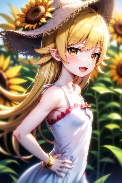 <lora:oshinoShinobu:1>, shinobuYoung, masterpiece, best quality, absurdres, 1girl, blonde hair, solo, upper body, looking at viewer, outdoors, hands on hips, side view, smile, fang, open mouth, straw hat, sunflowers
