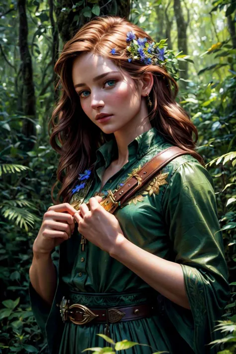 a woman in a green dress holding a flower in her hand