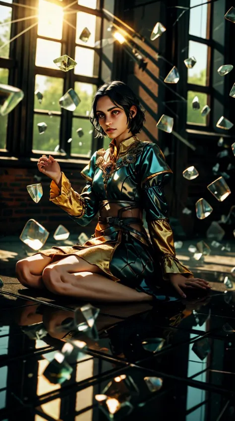 a woman sitting on the ground in front of a window with a lot of money