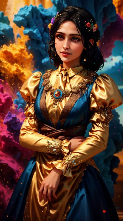 a woman in a gold dress standing in front of a colorful background