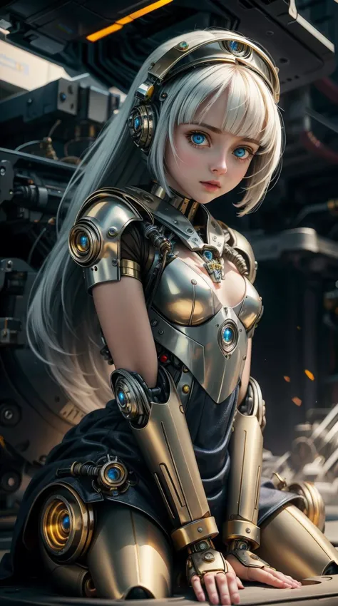 a woman in a futuristic outfit sitting on a platform