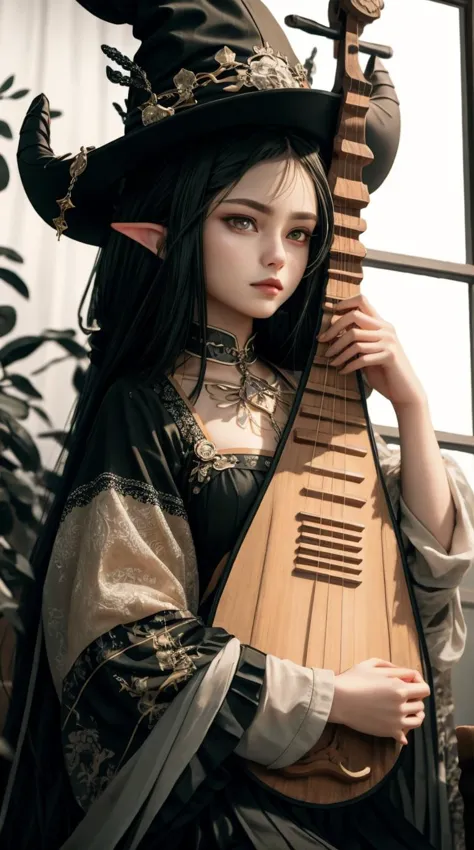 a woman in a witch costume holding a wooden instrument