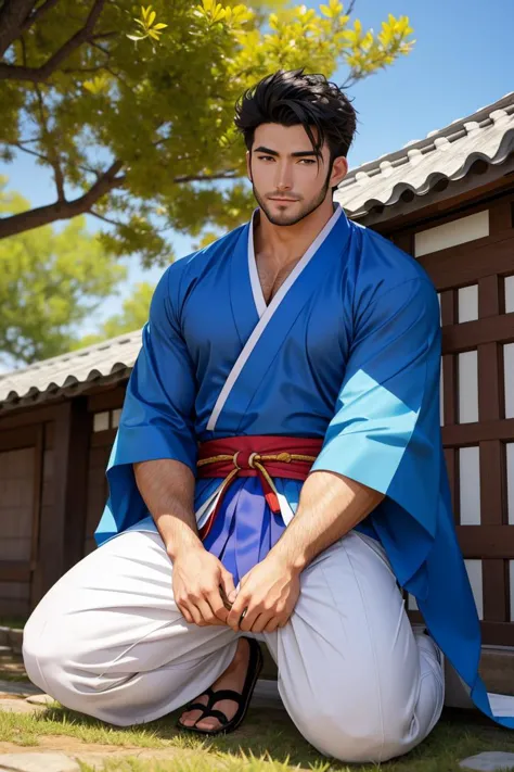 araffe dressed in a blue kimono sitting on the grass