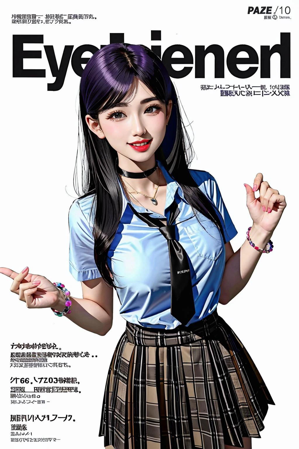 masterpiece, best quality, full body, 1girl, bangs, black choker, black necktie, black hair, blue skirt, blush, bracelet, breasts, choker, clothes around waist, collarbone, collared shirt, cowboy shot, dress shirt, ear piercing, eyebrows visible through hair, gradient hair, grin, gyaru, jewelry, kogal, long hair, looking at viewer, loose necktie, necktie, piercing, plaid, plaid skirt, pleated skirt, red eyes, ring, school uniform, shirt, skirt, smile, solo, white shirt, street, sky, cherry blossoms, petals,illustration, (magazine:1.3), (cover-style:1.3), fashionable, woman, vibrant, outfit, posing, front, colorful, dynamic, background, elements, confident, expression, holding, statement, accessory, majestic, coiled, around, touch, scene, text, cover, bold, attention-grabbing, title, stylish, font, catchy, headline, larger, striking, modern, trendy, focus, fashion,