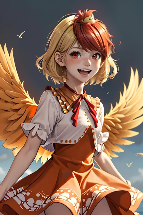 depth of field, orange dress, looking at viewer, animal, wings, blonde hair, feathered wings, :d, cropped shirt, two-tone hair, ...
