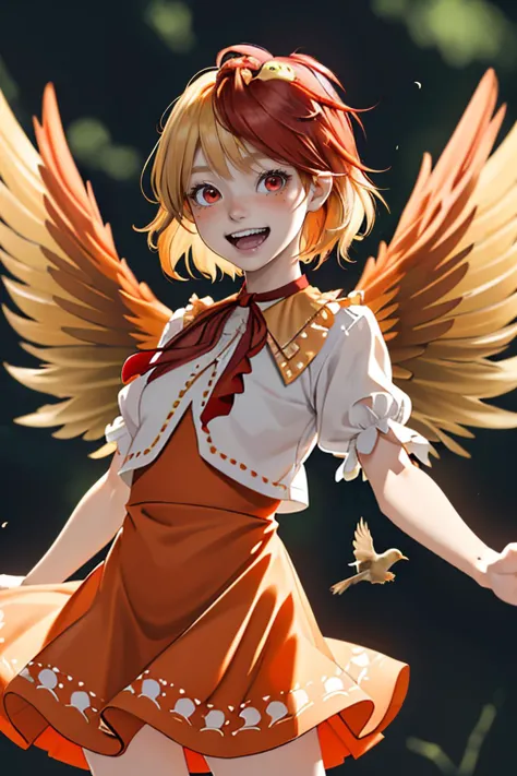 depth of field, orange dress, looking at viewer, animal, wings, blonde hair, feathered wings, :d, cropped shirt, two-tone hair, ...