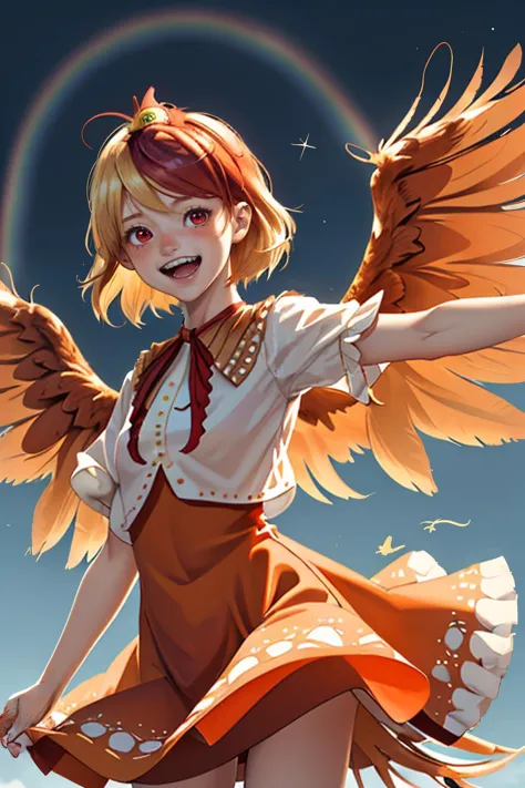 depth of field, orange dress, looking at viewer, animal, wings, blonde hair, feathered wings, :d, cropped shirt, two-tone hair, ...
