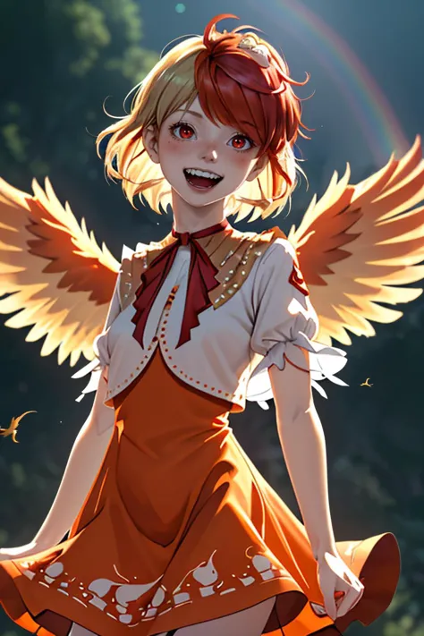 depth of field, orange dress, looking at viewer, animal, wings, blonde hair, feathered wings, :d, cropped shirt, two-tone hair, ...