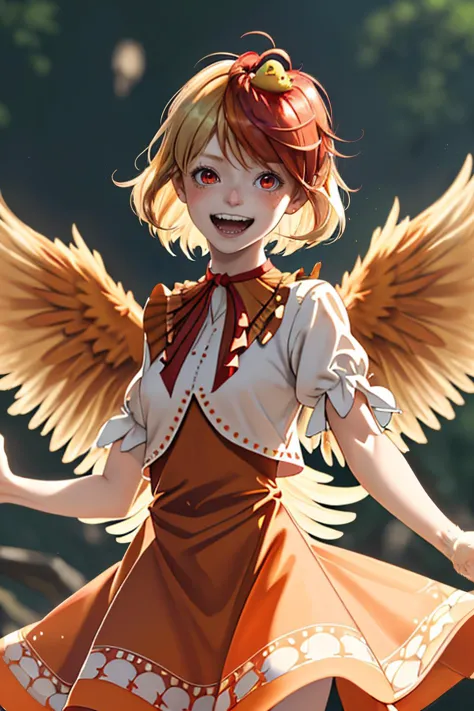 depth of field, orange dress, looking at viewer, animal, wings, blonde hair, feathered wings, :d, cropped shirt, two-tone hair, ...