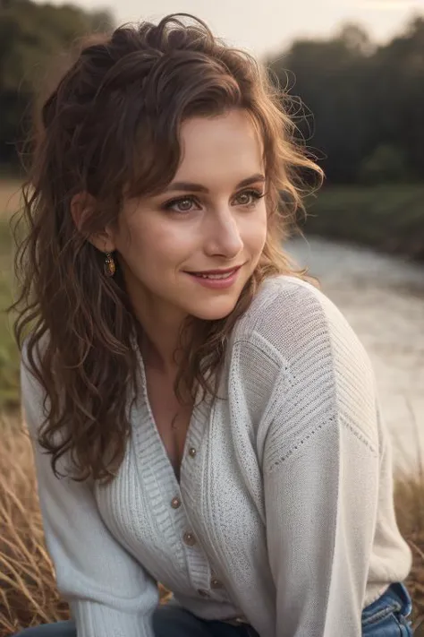 a close up of a woman sitting in a field near a river