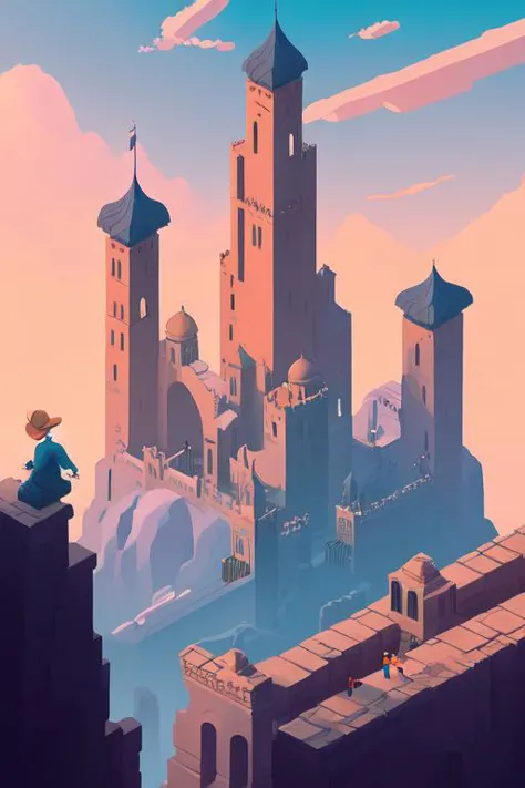 a man sitting on a ledge looking at a castle in the sky