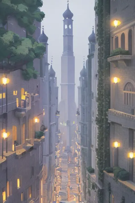 a view of a city street with a clock tower in the distance