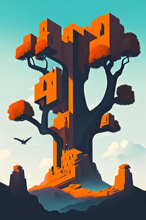 a poster of a tree with a castle on it