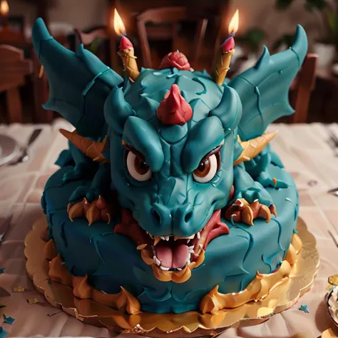 there is a blue cake with a dragon on it on a table