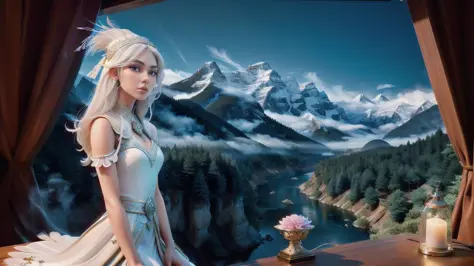 masterpiece,8k wallpaper, best quality, a woman with a white headdress and a white hair and dress with feathers on her head,mischievous,sitting ,style of Ross Tran.mist ,mountains, forests,river valley, , photorealistic photo, fantasy art,, masterpiece, be...