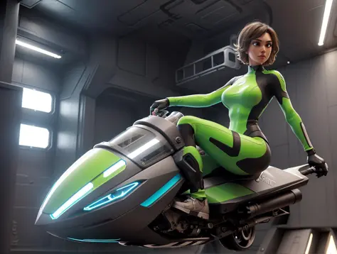 A woman Driving Hoverbike in scifi city, light green body, tight suit, white reflection Plastic, rustic metal,dark color impression, 1girl, solo, single, masterpiece, best quality, hyper-realistic, amazing fine detail, insanely detailed, lifelike texture, ...