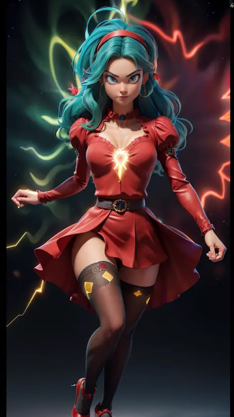 masterpiece, best quality, highest quality, perfect anatomy, perfect face, perfect eyes,  briannedechateau-smf, 1girl, solo, green hair, blue eyes, sky full of hearts, red dress, belt, hairband, puffy sleeves, long sleeves, grin, angry, ((red aura, red ene...