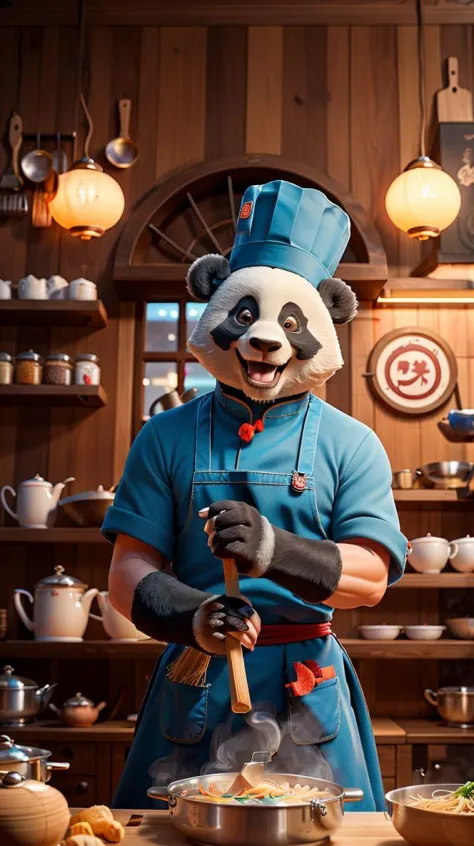 "Panda Chef: Po in his element, showcasing his culinary skills. He wears a chef's apron and hat, with flour dusted on his paws and a mischievous smile on his face. The scene is set in the bustling kitchen of Mr. Ping's Noodle Shop, with pots, pans, and ing...