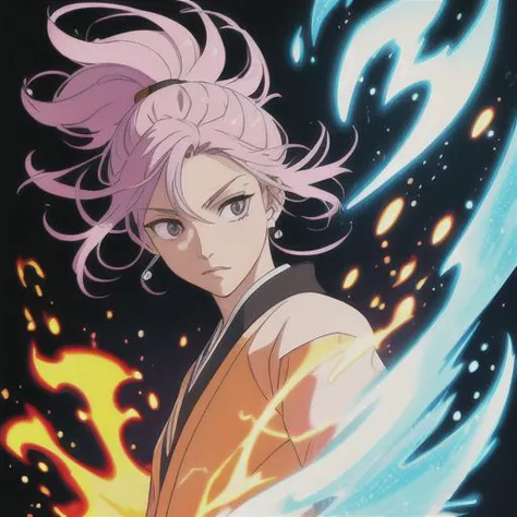 a close up of a person with a pink hair and a fire