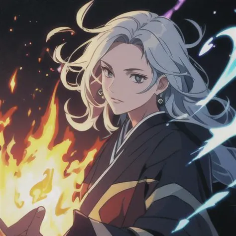 a woman with white hair and a black jacket holding a fire