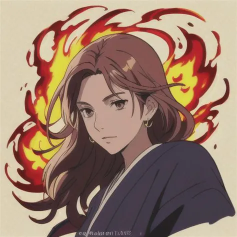 anime girl with long hair and a blue jacket with red flames in the background