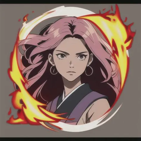 a woman with pink hair and a ring of fire around her