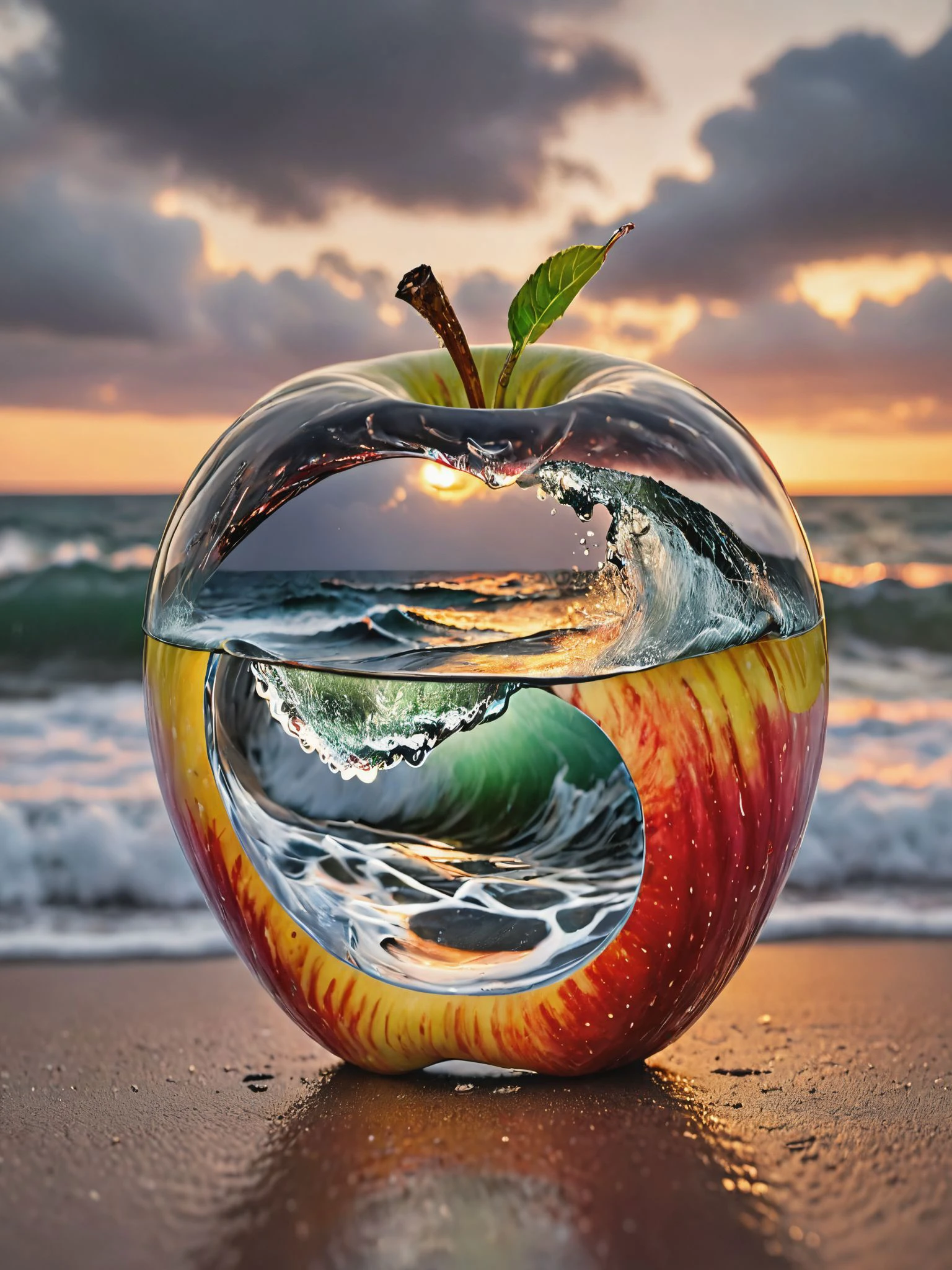 Imagine a photograph capturing an extraordinary and surreal subject: a transparent apple, crystal clear and perfectly formed, revealing a highly detailed, tumultuous miniature sea raging within. The apple sits boldly in the center of the frame, its smooth, glass-like surface reflecting light and offering a window into the dynamic scene inside. Within, the stormy sea is a marvel of miniaturization - tiny waves crest and crash with realistic ferocity, and if one looks closely, minute flashes of lightning and swirls of wind can be discerned, adding to the tempest's drama. The background of the photo is intentionally simple, perhaps a soft, neutral color or a subtle gradient, ensuring that all attention is drawn to the striking contrast between the serene exterior of the apple and the wild, chaotic seascape it contains. The lighting is key, illuminating the apple in a way that highlights the intricate details of the storm inside while maintaining the overall clarity and impact of the image. (extremely detailed, realistic, perfect lighting, vibrant colors,intricate details),((freckles:0.3),high detailed skin:1.3), best quality, masterpiece, highres, absurdres, incredibly absurdres, huge filesize, wallpaper, colorful,8K,RAW photo 