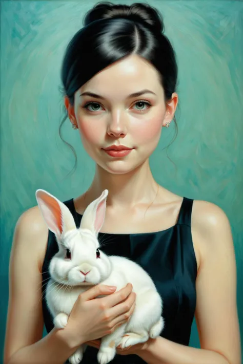 a painting of a woman holding a white rabbit in her hands