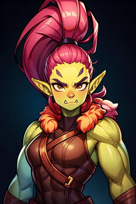 <lora:FemaleOrc:1> pikkyfemaleorc, orc, colored skin, green skin, pointy ears, (tusks:1.2), leather garb, fur lined, muscular female:0.7,  fuschia hair, ponytail, <lora:more_details:0.75>, (masterpiece, best quality:1.2), 4k, highres, detailed background, extremely high-resolution details, highly detailed, volumetric, dramatic lighting,