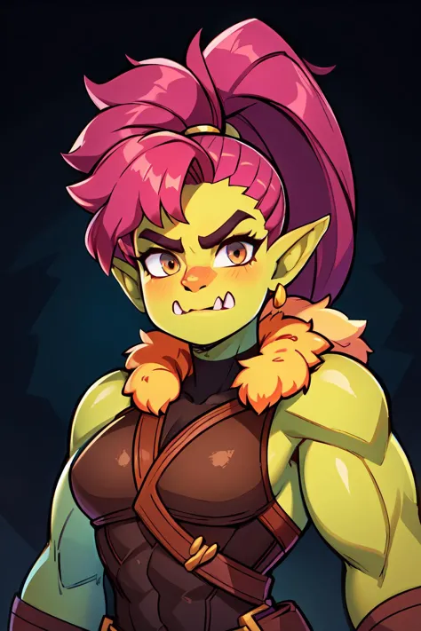 <lora:FemaleOrc:1> pikkyfemaleorc, orc, colored skin, green skin, pointy ears, (tusks:1.2), leather garb, fur lined, muscular female:0.7,  fuschia hair, ponytail,, (masterpiece, best quality:1.2), 4k, highres, detailed background, extremely high-resolution details, highly detailed, volumetric, dramatic lighting,