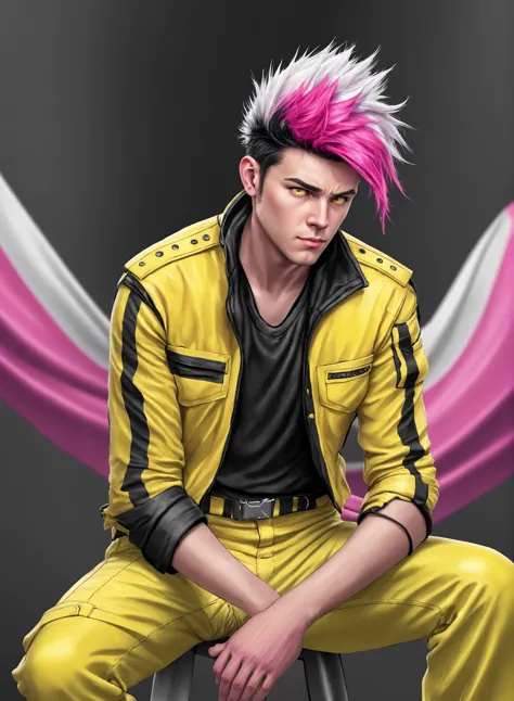 solo, 1boy, spiked hair, mullet, multicolored hair, two tone hair, pink hair, black hair, male focus, white ribbon, white scarf, jumpsuit, yellow shirt, yellow pants, yellow jumpsuit,tone mapping, specular highlights, CANON EOS MARK IV, semi realistic, close up, 4 point perspective, vantage point, LUT like a movie,