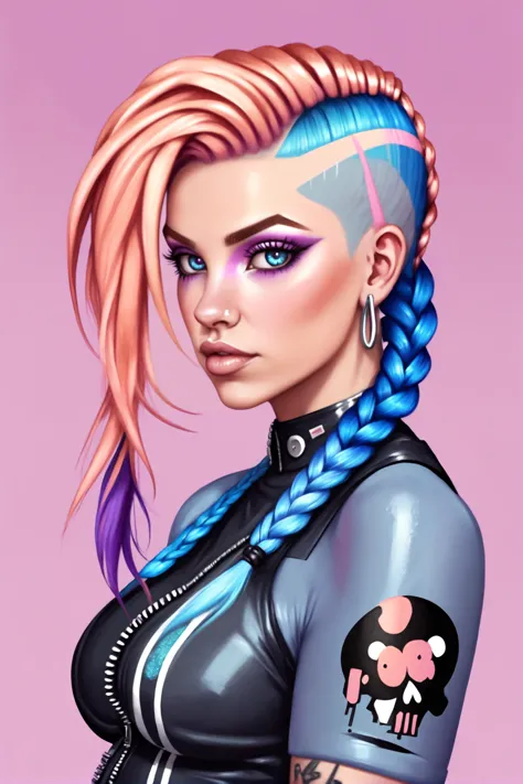 a drawing of a woman with pink hair and blue hair