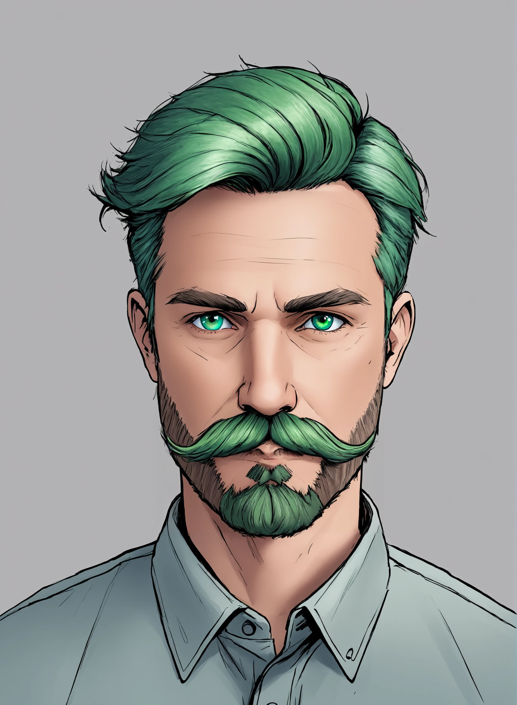 A man with green hair and a mustache in a blue shirt - SeaArt AI