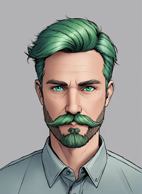 a man with green hair and a mustache in a blue shirt