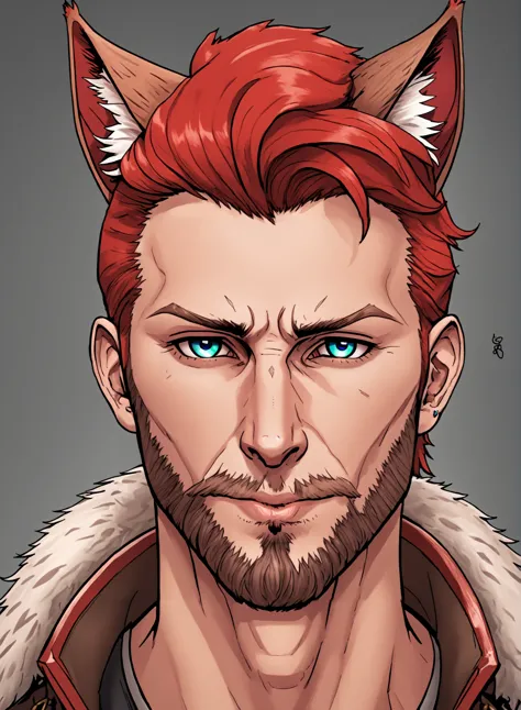 (masterpiece, best quality, ultra-detailed, highres, best illustration), perfect face, ((solo, solo focus)), sidelighting, lustrous skin, (bloom), (shine), ray tracing,  Miqo'te, Odin Nathaniel Ellis, celtic osenayan catboy, norse heritage, age mid 30s, tattoos, mid length hair, undercut, red hair, american gods style, attractive male, cat ears, animal ears, animal ear fluff, short beard american, stubble, slender, slightly nerdy, very dad like, art by ed benes, CANON EOS MARK IV, semi realistic, close up, 4 point perspective, vantage point, LUT like a movie