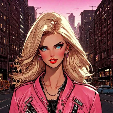 a close up of a woman in a pink jacket on a city street