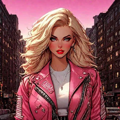 Beautiful maiden, long blonde hair, pink jacket, aesthetic, intricate city background, citypunk, pinkcore, cool vibes, hyperdeta...