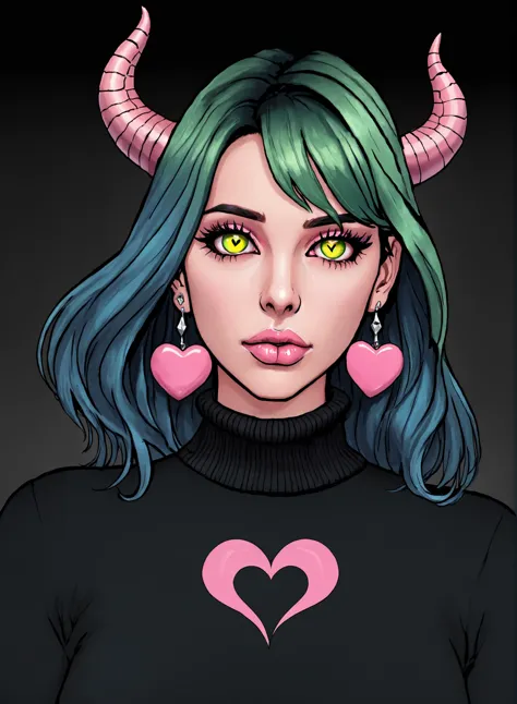 a drawing of a woman with horns and a heart on her face