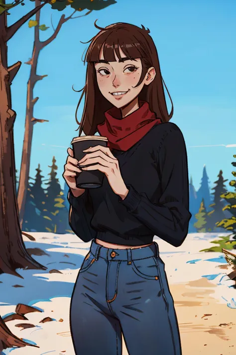 cartoon of a woman holding a cup of coffee in a snowy forest