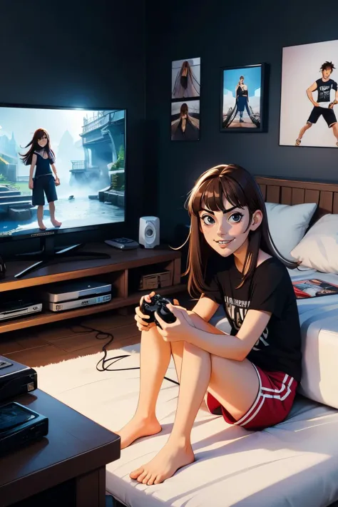 KaraH, long brown hair,, bangs,black eyes, buck teeth,black shirt, print shirt, red shorts, barefoot, looking at viewer, serious, smirk, sitting, on large bed, side view, holding game controller, inside messy bedroom, television, dark, soft lighting, high quality, masterpiece, <lora:KaraH:.6> <lora:girllikevideogame:.7>