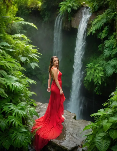 arafed woman in red dress standing on rock in front of waterfall