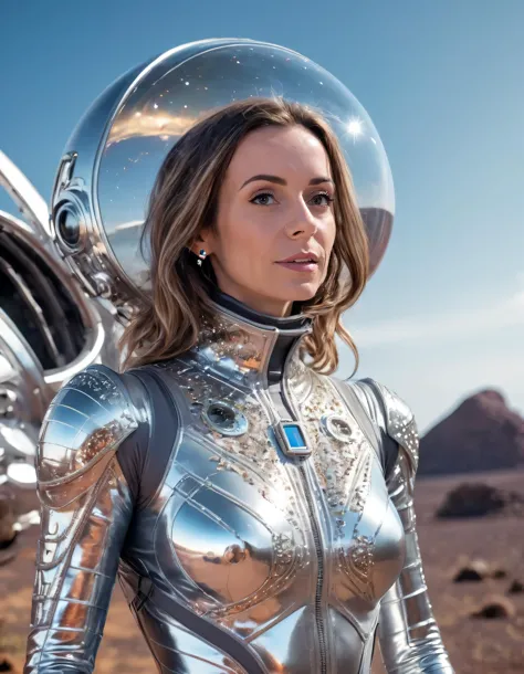 a woman in a silver suit standing in front of a motorcycle