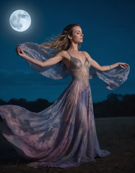 a woman in a dress is standing in a field with a full moon